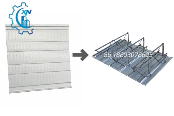 metal deck roll forming machine producing reinforced steel deck panels with ribs