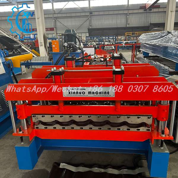 Complete Q tile roll forming machine viewed from cutting section with integrated forming system | roof sheet making machine price