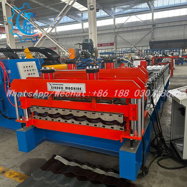 Roof sheet roll forming machine with Q Tile Roof Panel Machine viewed from feeding platform