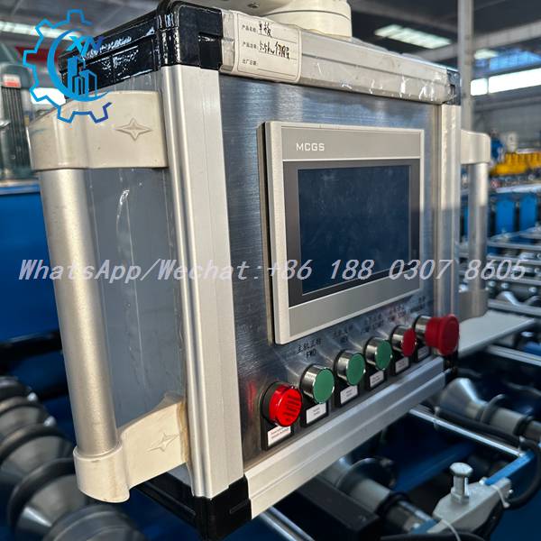 PLC touchscreen control panel on XINNUO trapezoidal profile sheet machine — real-time monitoring, intuitive parameter setting, and automated production management