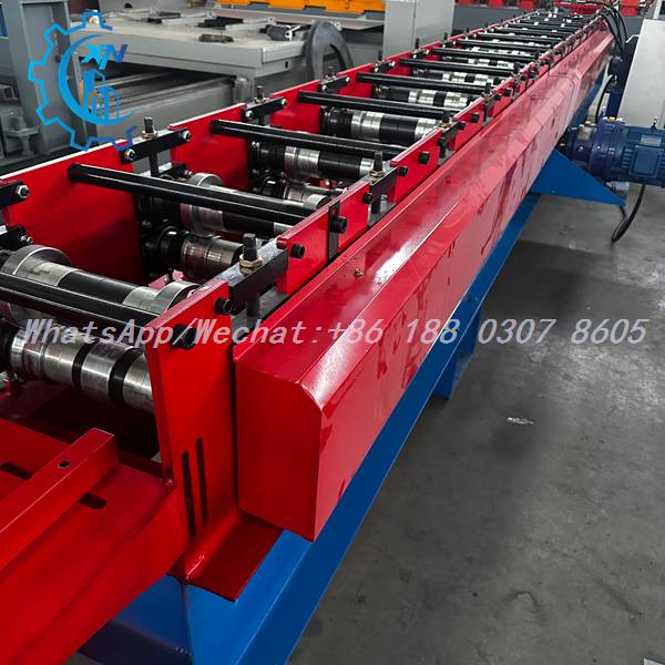 Steel frame machine production line with red frame and blue base
