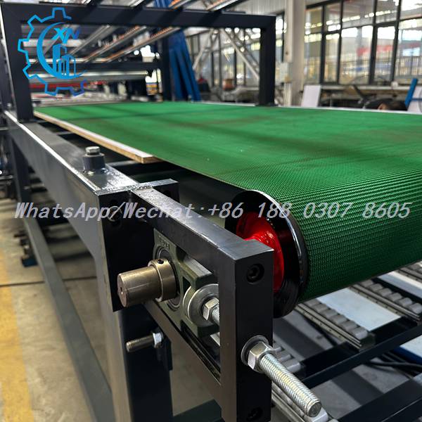 Belt tensioning assembly and transfer rollers on eps sandwich panel line