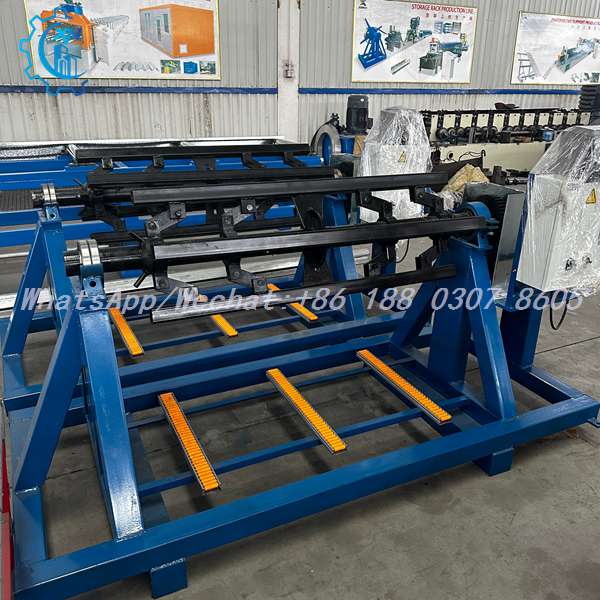 Blue welded frame of decoiler machine with anti-slip treads