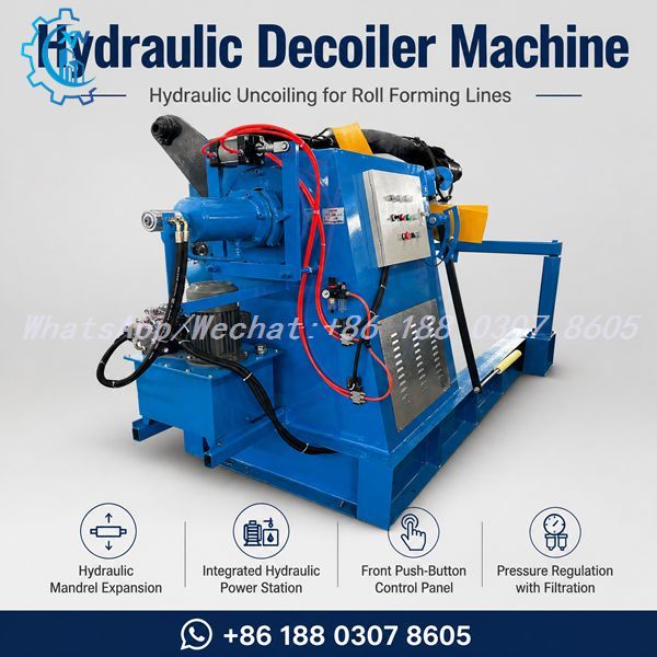 Hydraulic Decoiler Machine - 5 Ton Hydraulic Mandrel Uncoiler for Purlin and Cold Roll Forming Lines